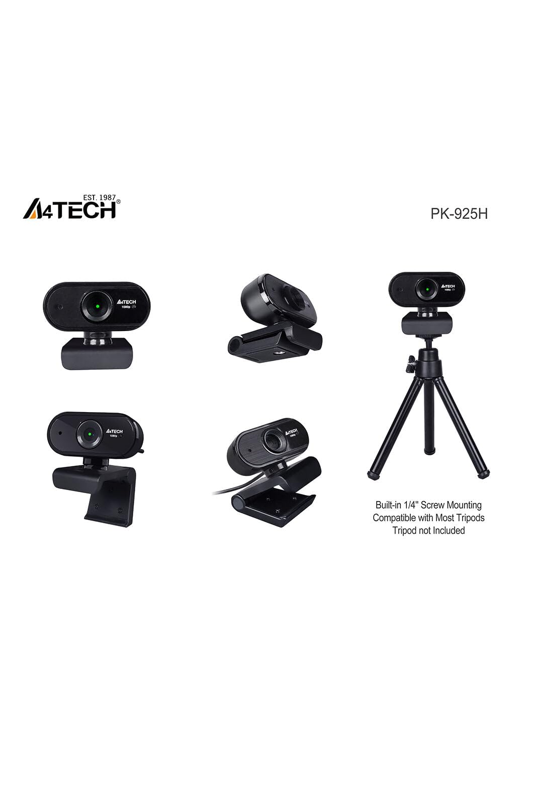 A4 Tech PK-925H - Webcam Full HD (1080p, con conector USB), color negro