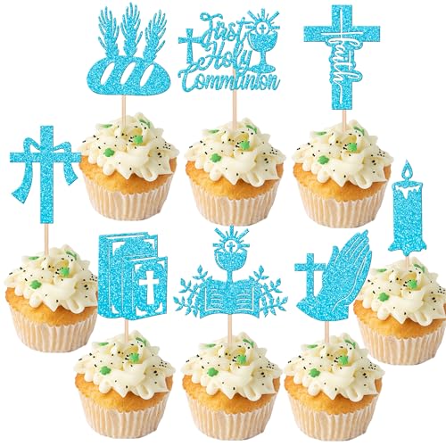 24 Pack First Holy Communion Cupcake Toppers Glitter Cross Bible Cupcake Picks Angel God Bless Cake Decorations for First Communion Baptism Religion Theme Birthday Party Supplies Blue