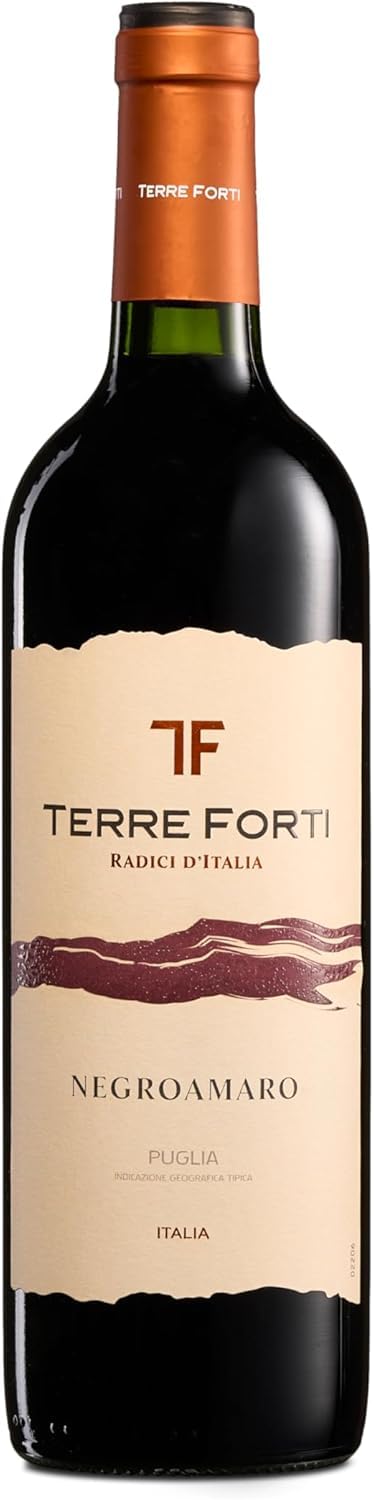 Terre Forti Negroamaro Puglia IGT, Italienischer Rotwein mit Rundem und Vollem Geschmack mit Noten Schwarzer Früchte, 12,5% Vol., Karton mit 6 Flaschen mit jeweils 750 ml