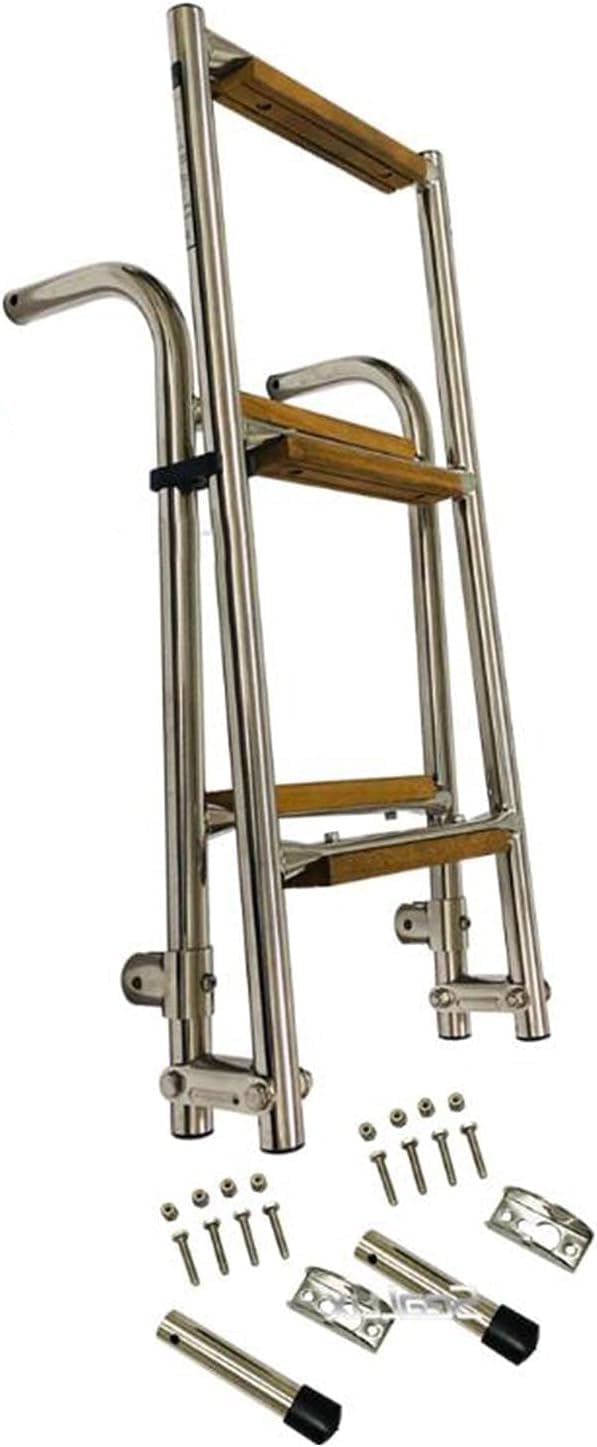 ポンツーンボートラダー 船舶用はしご 海洋はしご 5段 折りたたみ式ポンツーン ボートはしご 木製段付き ステンレススチール 船尾ト