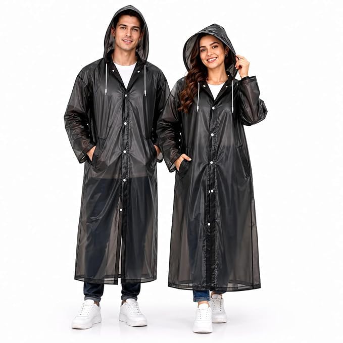 waterproof hooded raincoat for men & women | full length reusable pvc rain wear | lightweight windproof rain jacket with front button closure & pockets