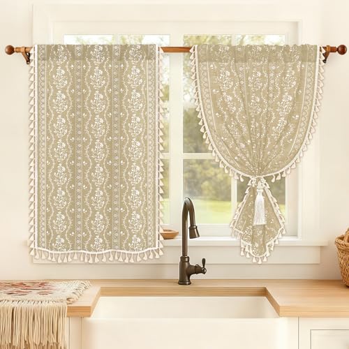 Image of Yinhua Boho Kitchen Curtains 36 Inch Length Vintage Linen Cafe Curtains Light Filtering Bohemian Floral Tier Rod Pocket Farmhouse Rustic Tassel Small Drapes with Tiebacks, 2 Panels, Natural