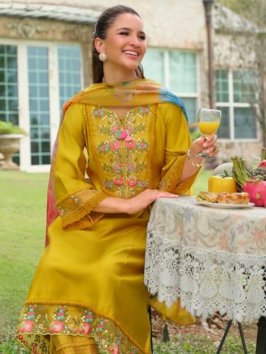 Image of INDO ERA Women's A-Line Cotton Blend Floral Embroidered Kurta & Pant With Dupatta Set (IEOUT11375)
