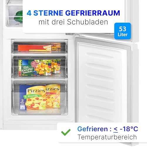 Bomann® Kühlschrank mit Gefrierfach 143cm hoch | Kühl Gefrierkombination 175L mit 3 Ablagen & 3 Schubladen | Türanschlag wechselbar | leise Kühlgefrierkombi 39db | Kühlschrank KG 320.2 weiß – Bild 6