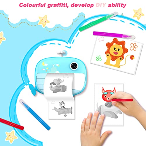Ukuu Kinderkamera Sofortbildkamera, 1080P Digitalkamera mit 3 Rollen Druckpapier und 5 Farben Pinselstift & 32G TF Karte 2,4 Zoll Bildschirm Print Fotokamera Geschenk für Kinder 3-14 Jahren (Blau) – Bild 3