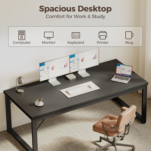 Image of Mericonia 48 Inch Computer Desk, 1 inch Thick Small Office Table, Black | Modern Simple Style, Heavy Duty Industrial Frame, Small Study & Writing Table for Home Bedroom Work