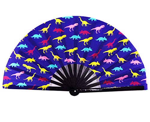 Amajiji Large Rave Folding Hand Fan for Men/Women, Chinease/Japanese Bamboo Hand Fan, Festival Accessories Performance Decoration Gift Dance Handheld Fan (Dinosaur)