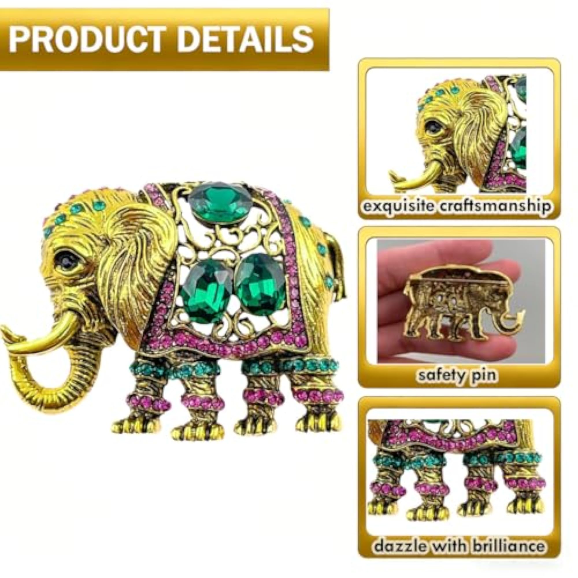 Elephant Brooch for Men, Crystal Studded Lapel Pin