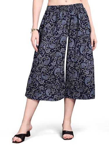 Image of THUMBA Women's Printed Poly Rayon Palazzo Pants | Wide Leg Culottes | Floral & Butterfly Print | Elastic Waist | Casual & Ethnic Wear | S M L XL 2XL 3XL