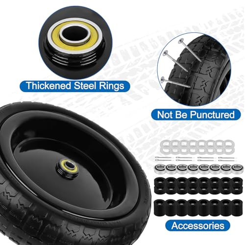 Image of 13 Inch Flat Free Wheels Tires 4.00-6 Solid Replacement with Universal 5 /8 inch Axle Bore Hole, 16 Spacers and 8 Pins, for Wheelbarrow, Garden Wagon, Hand Truck, Trolley, Lawn Mower, 4 Pack