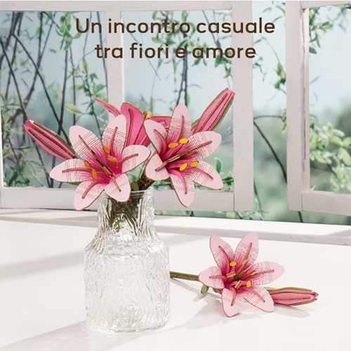 rowood 3D Puzzle Rosa Lilien, DIY-Blume Aus Holz, Modellbausätze Für Künstliche Blumen Zum Zusammenbauen Für Erwachsene, Beste Heimdekoration Und Valentinstags-Spielzeug-Geschenkset