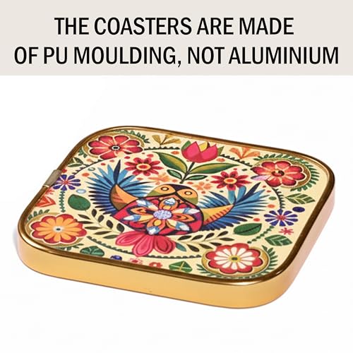 Image of Rousrie Stylist Modern Wooden Coasters with Golden Border | Set of 6 | Stand Included Premium Handmade Coaster for Tea Cups, Coffee Mugs, Beer Mugs, 10 by 10 cm (Bohemian Pattern)