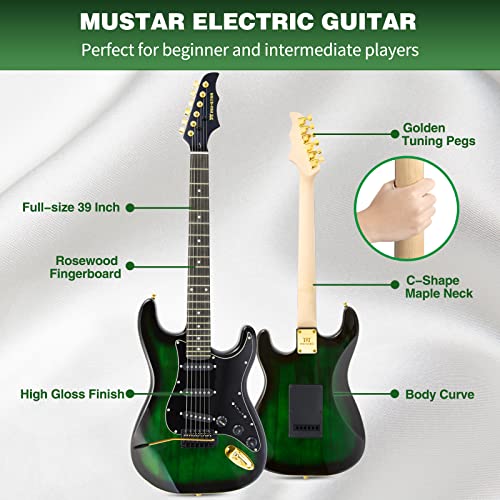 Mustar Electric Guitar Kit, 39 Inch Full Size Solid Wood Electric Guitar Beginner Kits With 25W Amplifier, Gig Bag, Digital Tuner, Capo, Strap, Cable And Picks, Grass Green #TOP3