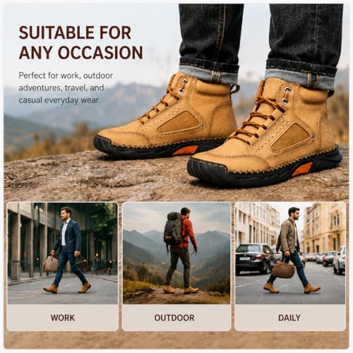Image of Men's Wide Comfort Handmade Leather Boots Men's Waterproof Hiking Boots | Casual Walking Shoes, Lightweight Breathable Work Shoes with Arch Support, Non-Slip & Durable