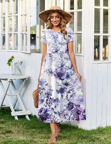 Image of Zeagoo Summer Dresses for Women 2026 Maxi Bohemian Floral Short Sleeve Long Dress Casual Flowy Tired Beach Sundress
