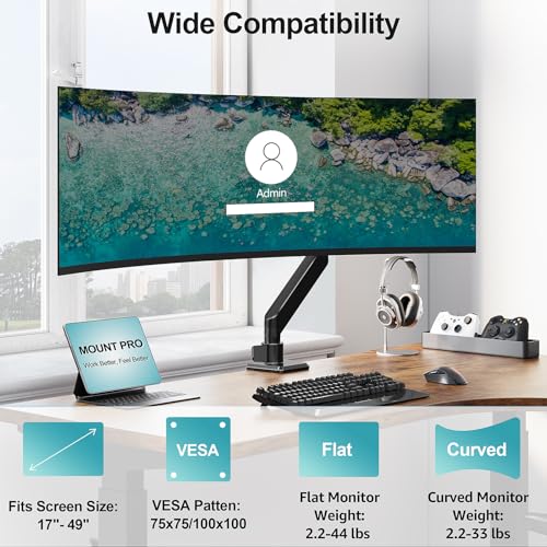 Image of MOUNT PRO Heavy Duty Monitor Arm for 49 inch Ultrawide Screen up to 44 lbs, Single Desk Computer Mount Curved Monitor Stand for Samsung Odyssey G9, Adjustable Gas Spring VESA Mount 75x75 100x100