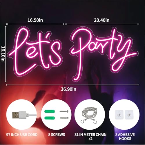 Image of 36.9x16.1 Inch Large Let's Party LED Neon Sign,Dimmable Pink Neon Light Sign for Wall Decor, Bachelorette Party, Engagement Party, Wedding, Bar & Birthday Decor