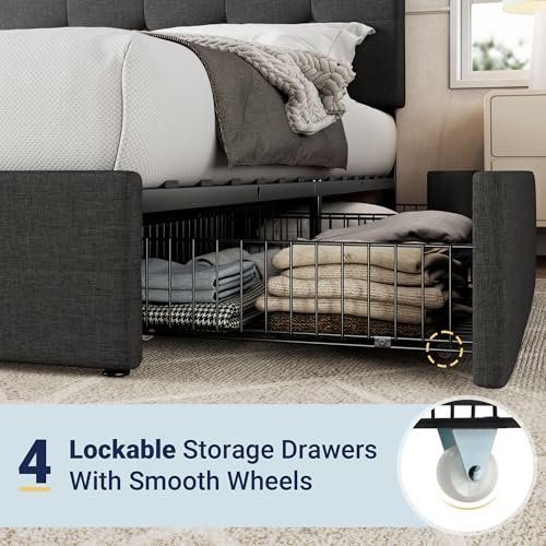 Allewie Upholstered Queen Size Platform Bed Frame with 4 Storage Drawers and Headboard, Square Stitched Button Tufted, Mattress Foundation with Wooden Slats Support, No Box Spring Needed, Dark Grey
