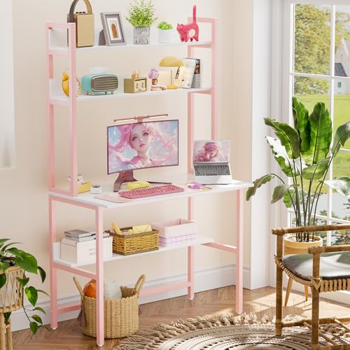 Image of Aquzee 40 Inch Pink Desk with Shelves, Computer Desk with Hutch