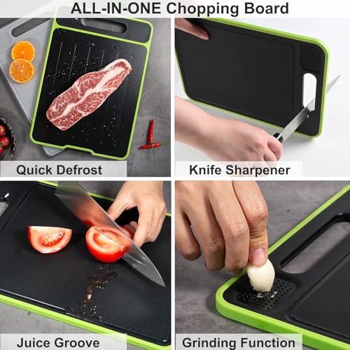 Tabla de Cortar de Doble Cara con Bandeja Integrada para Descongelar Carnes, Pulidor de Cuchillos y Zona de Rallado, Tabla 4 en 1 para Preparación de Alimentos Congelados | Tabla para Descongelar y Picar miniatura 6