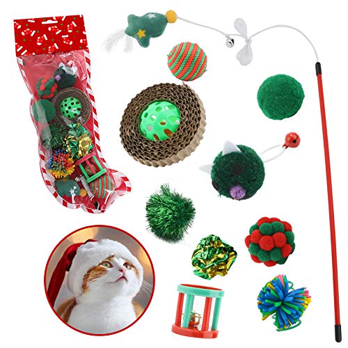 Cute Paws Christmas Cat Toy Stocking Gifts Set, 10 Pcs Cat Kitten Interactive Toy, Cat Toys for Indoor with Corrugated Paper Ball, Christmas Tree Cat Teaser, Dumb Bell, Mouse, Crinkle Balls