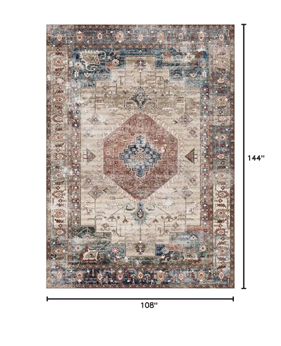 vivorug 9x12 Area Rugs for Living Room, Non Slip Machine Washable Vintage Rug, Ultra-Thin Lightweight Large Area Rug for Bedroom, Dining Room, Low Pile Brown