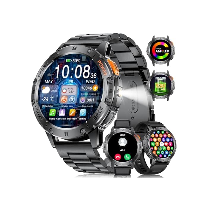 LIGE Reloj Inteligente Hombre con LED Linterna,3 Cinturini,530 mAh,1.43″ AMOLED Smartwatch para Android iOS,5ATM Impermeable,Llamadas Bluetooth,24H Frecuencia Cardíaca,300+ Watch Faces Smart Watch - Imagen 2