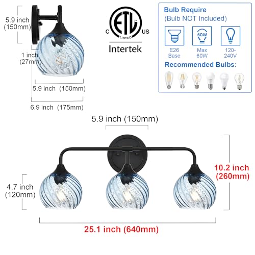 Image of MELUCEE 25 Inch Bathroom Light Fixtures Black, 3-Light Vanity Lights with Blue Striped Swirl Glass Shade, Mid-Century Modern Bathroom Vanity Light Over Mirror