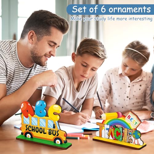 Image of Yuntau 6 Pcs Back to School Wooden Table Decorations Teacher Appreciation Desk Signs, Inspirational Classroom Tiered Tray Decor with School Bus Teach Love Design, First Day of Decorations for Teachers