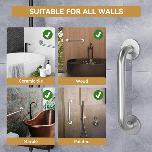 Image of AmazerBath Shower Grab Bars for Seniors Anti Slip, Bath Safety Grab Bar for Needy, Stainless Steel Bathroom Safety Grab Bars, Thickened Bar Bigger Base Holds 500LBS, 12 inch L x 1.25 inch D, Brushed Nickel