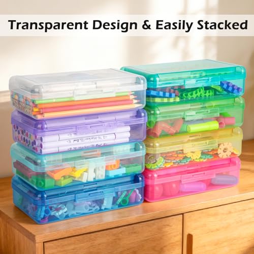 Image of Double Layer Plastic Clear Hard Pencil Cases Box with Personalized sticker | Colored Cute Pen Cases Box for School Office Supplies Marker Crayon Organizer Storage Box,Standard Size