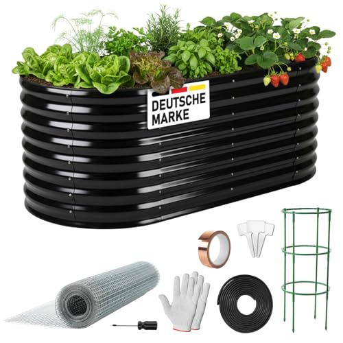 BRAST Hochbeet Metall Julia | 160x80x80-400x80x80cm | viele Modelle | extra viel Zubehör | Stahl rostfrei & verzinkt | wetterfest ovale Form | für Gemüse Obst Kräuter & Blumen | 160x80x80cm Schwarz