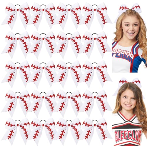 YLEN YHXX 20 PCS 8 Large Baseball Cheer Hair Bows Cheerleading Bows with Ponytail Holder Elastic Band Handmade for Cheerleading Teen Girls College Sports Baseball White