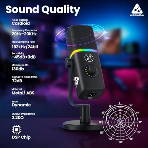 Image of Audio Array AM-C45 XLR /USB Pro RGB Dynamic Microphone Kit | 192kHz /24bit Studio Quality Output | Volume Control, Mute and Noise Cancellation | Realtime Monitoring for Streaming, Gaming & podcasting
