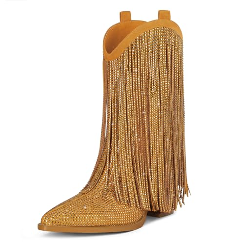 Image of Ouepiano Cowboy Boots for Women - Cowgirl Rhinestone Boots with Sparkly Fringe Pointed Toe Western Boot Chunky Heel Pull-On Wide Calf Botas Vaqueras