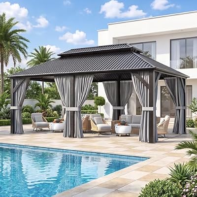 AirWire 12'x20' Outdoor Gazebo Hardtop Grill Gazebo Aluminum Galvanized Steel Double Roof Outdoor Pergola Include Curtain and Netting for Backyard, Patio, Lawn