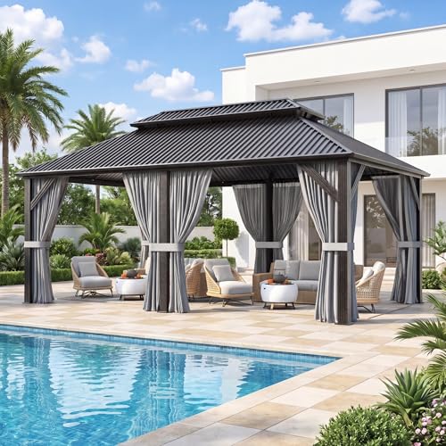AirWire 12'x20' Outdoor Gazebo Hardtop Grill Gazebo Aluminum Galvanized Steel Double Roof Outdoor Pergola Include Curtain and Netting for Backyard, Patio, Lawn