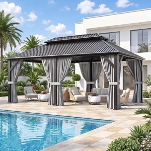 AirWire 12’x20′ Hardtop Aluminum Gazebo with Curtains & Netting Dark Gray