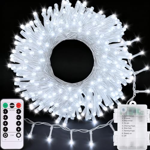 echosari Lichterkette für den Außenbereich, 100 LEDs, batteriebetrieben, mit Fernbedienung, dimmbar, Timer, 8 Modi, wasserdicht IP65 cool White