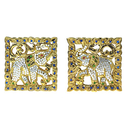 Set of 2 Thai Elephant Gilded Gold-Tone Leaf Mosaic Carved RainTree Wood Wall Art - Fair Trade Handicraft by Thai Artisans