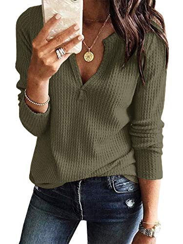 Women's V Neck Waffle Knit Henley Tops Casual Long Sleeve Pullover