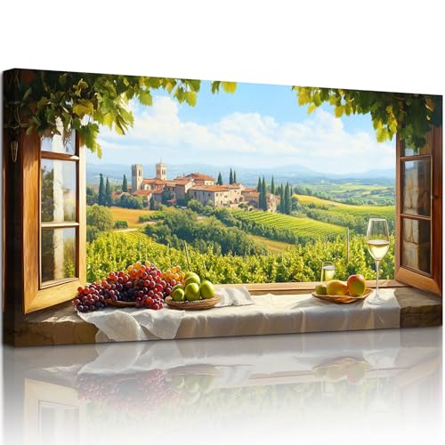 crmotu Vineyard Faux Window Wall Art, Italian Countryside Landscape Large Artwork, Grape Fields Prints Kitchen Wall Decor, Rustic Charm Pictures for Living Room Dining Room No-window Room 20x40 Inch