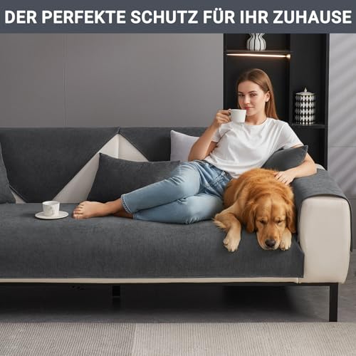 CJJZFO Sofa Überzug Weiche Chenille Sofabezug: Hund Katze Sofaschoner Anti Rutsch Vintage Couch Überzug für U Form L Form Sektionssofa für 1 2 3 4 Sitzer Sofa (Dunkelgrau, 90 * 210cm)