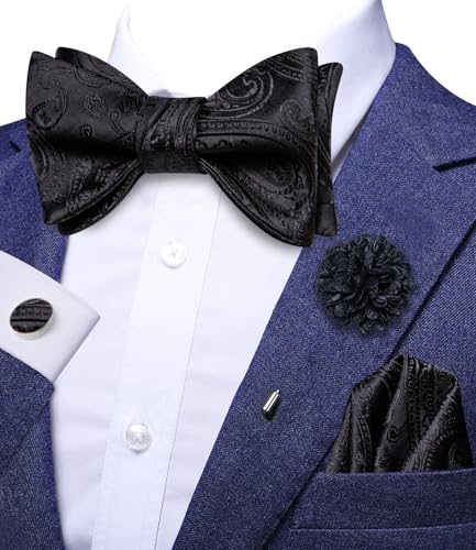 Image of Dubulle Self Tie Bow Ties and Lapel Pin for Men Paisley Solid Mens Bowtie and Handkerchief Cufflinks Set Wedding
