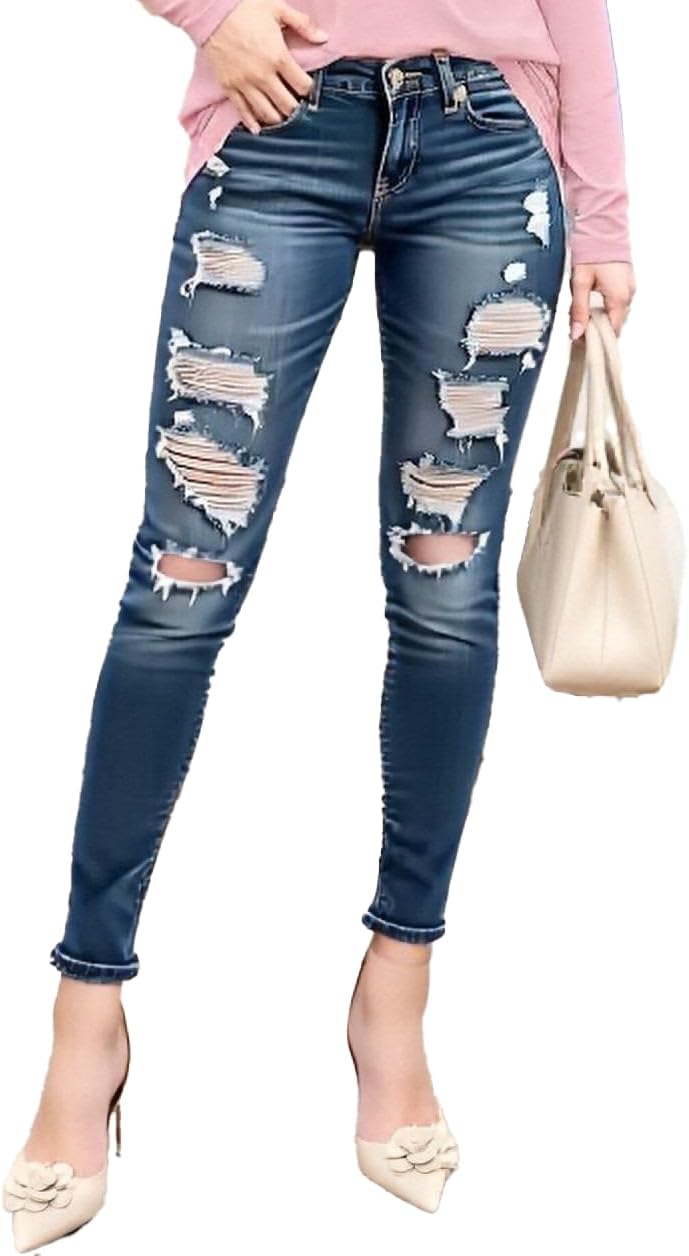 Women's High Waisted Jeans for Ripped Skinny Stretch Jeans Distressed Butt Lifting Denim Pants Small 3018 Blue