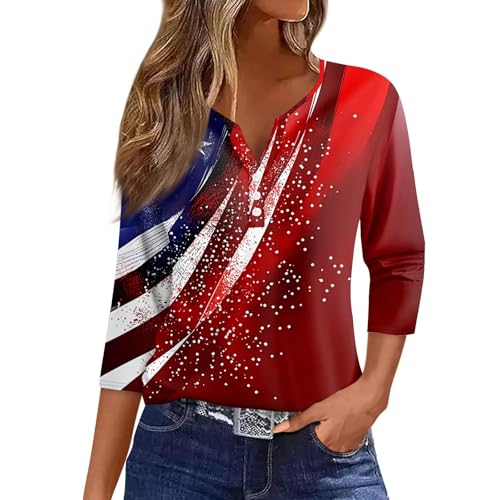 Image of 4th of July Shirts Women 3 /4 Length Sleeve Womens Tops Henley Neck Casual Patriotic T Shirts