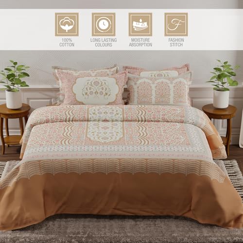 Image of BOUTIQUE LIVING Platinum Pulse 100% Cotton 800 TC Brown & Red Digital Meenakari Print King Bedsheet with 4 Pillow Covers