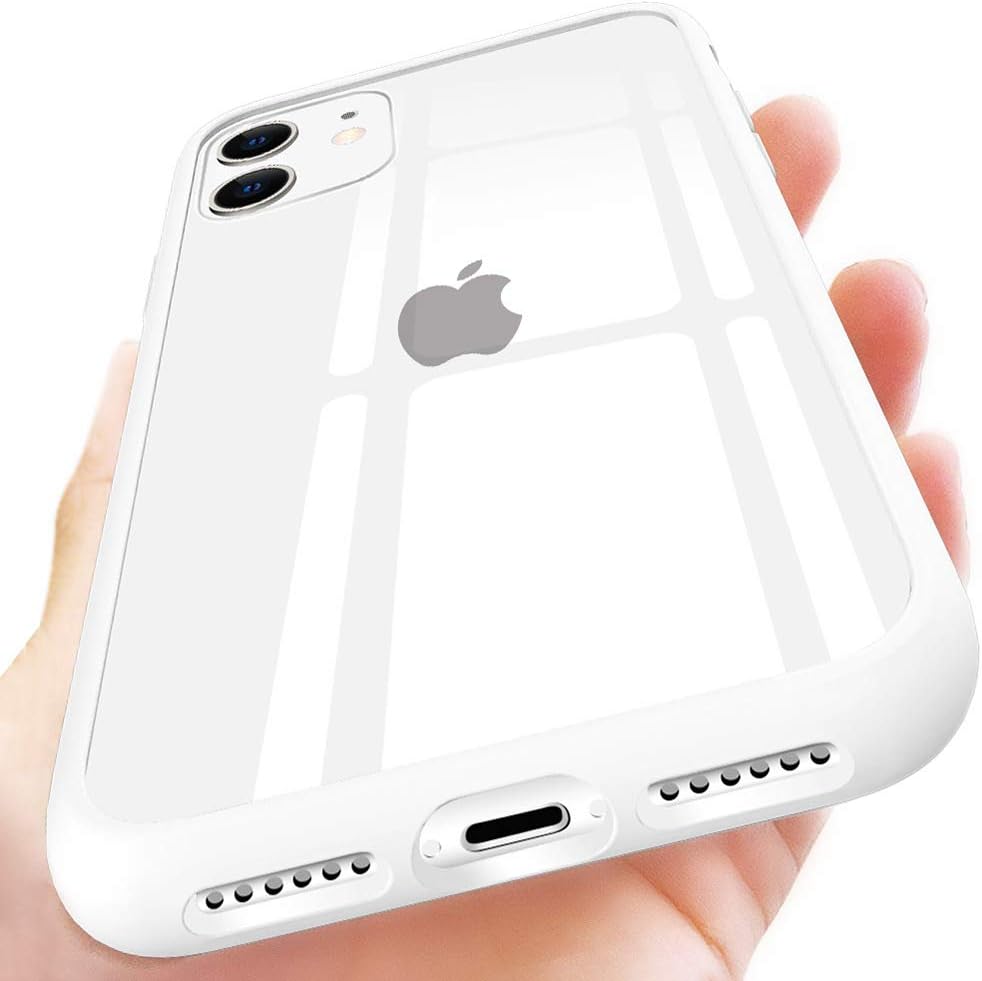 OCYCLONE Clear iPhone 11 Case, [Tempered Glass Back] Hybrid Crystal Clear with Soft Silicone Bumper Cover Shockproof Thin Slim Glass Phone Case for iPhone 11 6.1" 2019 Release - White Edge