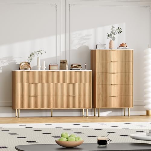 GarveeHome 5 Drawers Dresser for Bedroom, Fluted Dresser Chest of Drawers with Handle, Wood Modern Dressers for Closet, Bedroom Furniture Storage Organizer for Living Room, Hallway