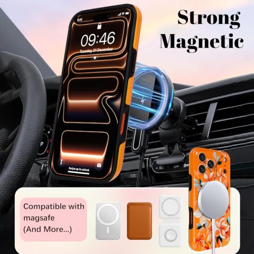 Image of Magnetic for iPhone 17 Pro Max Case for Women Girl, Orange Floral | Stylish Flower Pattern Design [Compatible with MagSafe] [Full Camera Protection] 2-Layer Hybrid Shockproof Glossy Phone Case